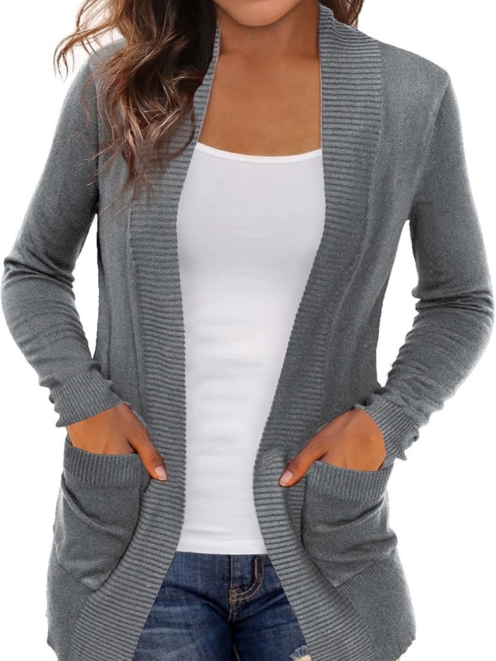 Women's Gray Open-Front Pocket Cardigan Sweater